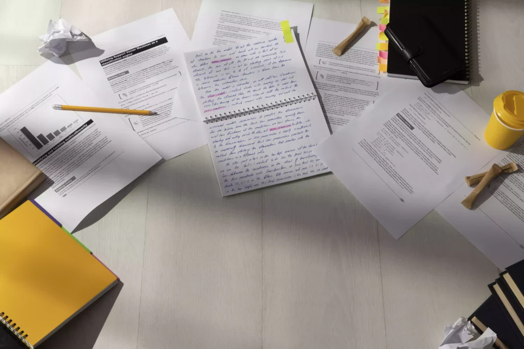 Table with sheets, notes handwriting, graphs and coffee, suggesting intense study for placement exams.