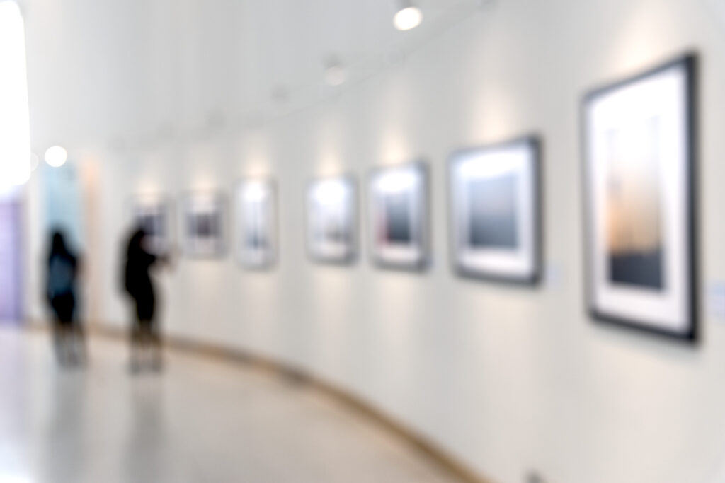 Pessoas visitando um museu em Fredericton, apreciando quadros e exposições culturais em uma sala bem iluminada.