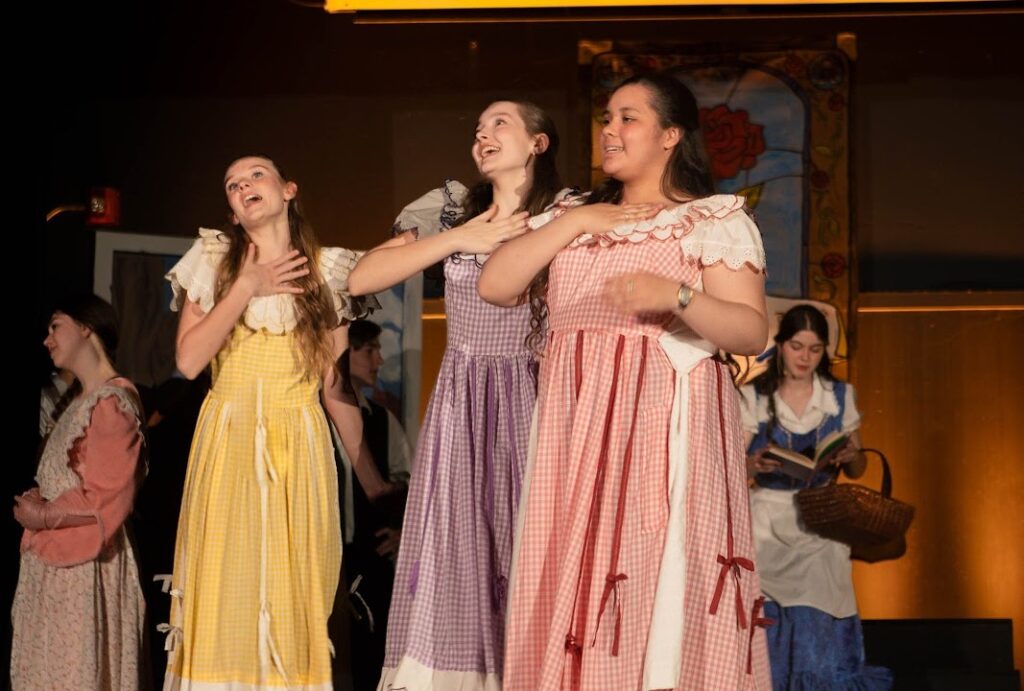 Estudantes cantando caracterizadas como personagens de conto de fadas durante apresentação musical escolar, evidenciando talento vocal e expressão artística.